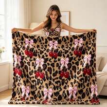 1PC Leopard Print Cherry Bow Throw Blanket, Retro Style Flannel Blanket For Sofa Couch Home Decor - Multicolor - View 2