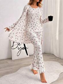 Women's Letter Print Top, Long Sleeve Cardigan And Pants Casual Daily Home Sleepwear Set - Clear - View 2