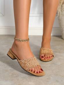 Women's Lace Trim Carved Breathable Open Toe Square Toe Chunky Mid Heel Elegant Suede Camel Color One Strap Sandals For Party, Date, Daily Wear And Outings - Camel - View 4