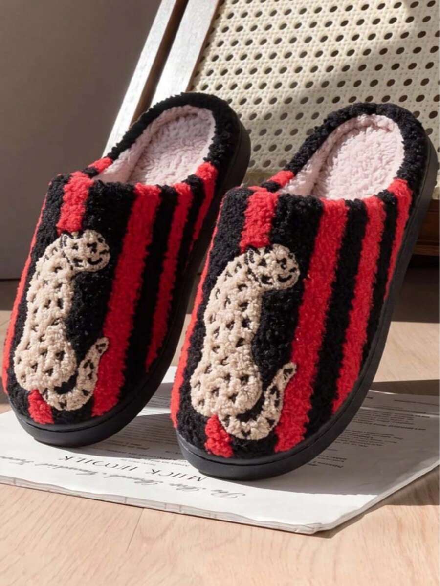 Sandal Rumah Berbahan Lembut dan Hangat dengan Sol Lembut, Motif Garis-garis Leopard Vintage INS untuk Musim Gugur/Dingin, Sandal Rumah Modis dan Personalisasi. - Hitam - View 1
