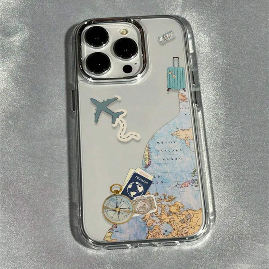 1件裝 卡通飛機旅行美學圖案 高級透明全包覆防摔 TPU 時尚手機殼,適用 16 15 14 13 12 11 17 18 Pro Max/Plus 7/8/XR 防震保護殼 - 彩色 - 查看 1