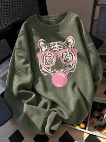 Women's Autumn Tiger Print Crew Neck Sweatshirt, Casual Loose Multifunctional Holiday Style Top, Suitable For Daily Wear, Autumn/Winter Fashion - Light Green - View 3