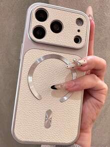 Premium Lychee Texture CD Pattern Magnetic Wireless Charging Phone Case, Compatible With IPhone 18 Pro Max 18 Pro 17 Pro Max 17 Pro 16 Pro Max 15 Pro Max 14 Pro 13 12, Luxury Matte Lens Protection Shockproof Cushion Back Cover - White - View 3