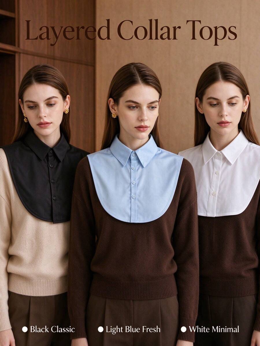 1/2pcs Women Detachable Shirt False Collar, Curved Bib Decorative Collar, Button Design Layered Collar Accessory For Sweater Daily Autumn Winter Wear - White - View 1