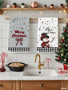 2Pcs Buffalo Plaid Winter Christmas Kitchen Towel Set, Let It Snow Snowman Cardinal Bird, Merry Christmas Plaid Bow Snowflake Star Print, Black‑White Gingham Trim, Holiday Dish Tea Hand Towels For Table Decor - Light Grey - View 4
