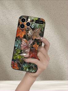 1pc Black TPU Colorful Glass Art Maple Leaf Pattern Full Coverage Shockproof Phone Case And 1pc Black Colorful Glass Art Maple Leaf Pattern Wrist Strap, Suitable For Versatile Phone Case/Wrist Strap Phone Case/Interesting Phone Case/Apple Phone/Android Phone Case - Multicolor - View 3