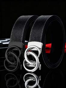 Men's Double Ring Leopard Head Automatic Buckle PU Belt, Litchi Grain Stitching, 47 Inch Business Leather Belt - Multicolor - View 1