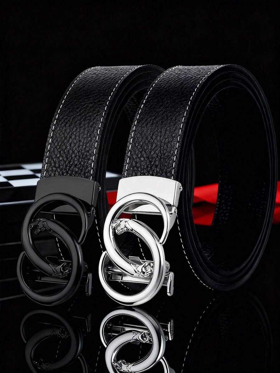 Men's Double Ring Leopard Head Automatic Buckle PU Belt, Litchi Grain Stitching, 47 Inch Business Leather Belt - Multicolor - View 1