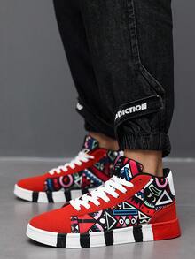 Sepatu Sneakers Kasual Pria Model High-Top Warna Merah Vintage dengan Patchwork Pola Geometris dan Sol Bergaris Hitam Putih - hitam merah - View 10