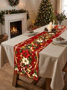 1pc Christmas Red & Gold Rectangular Table Runner, Christmas Floral With Reindeer, Bells, Candy Cane Or Nutcracker Print, Multiple Styles Available, Suitable For Dining Table, Coffee Table, Sideboard And Christmas Home Party Decoration - A - View 8