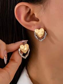 Fashionable Personalized Exquisite Women's Dual-Color Double-Layer Metal Heart Stud Earrings, Suitable For Parties, Daily Wear And Holidays - Multi-color-205 - View 13