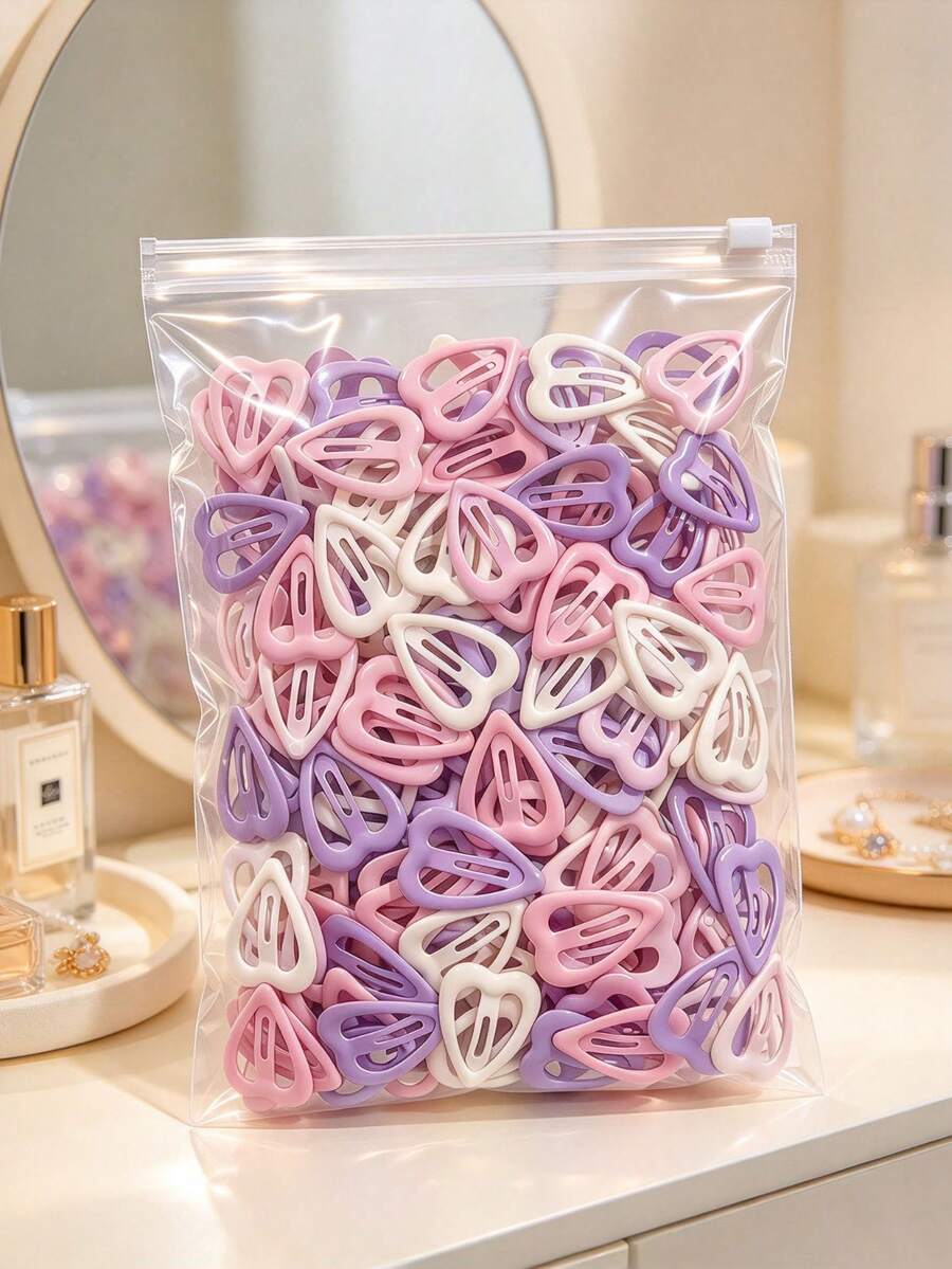 10/30/60pcs Sweet Pink & Purple Heart Hair Clips, Cute Girl Hair Accessories, Women's Daily Essential Hair Clips, Random Colors - Multicolor - View 1