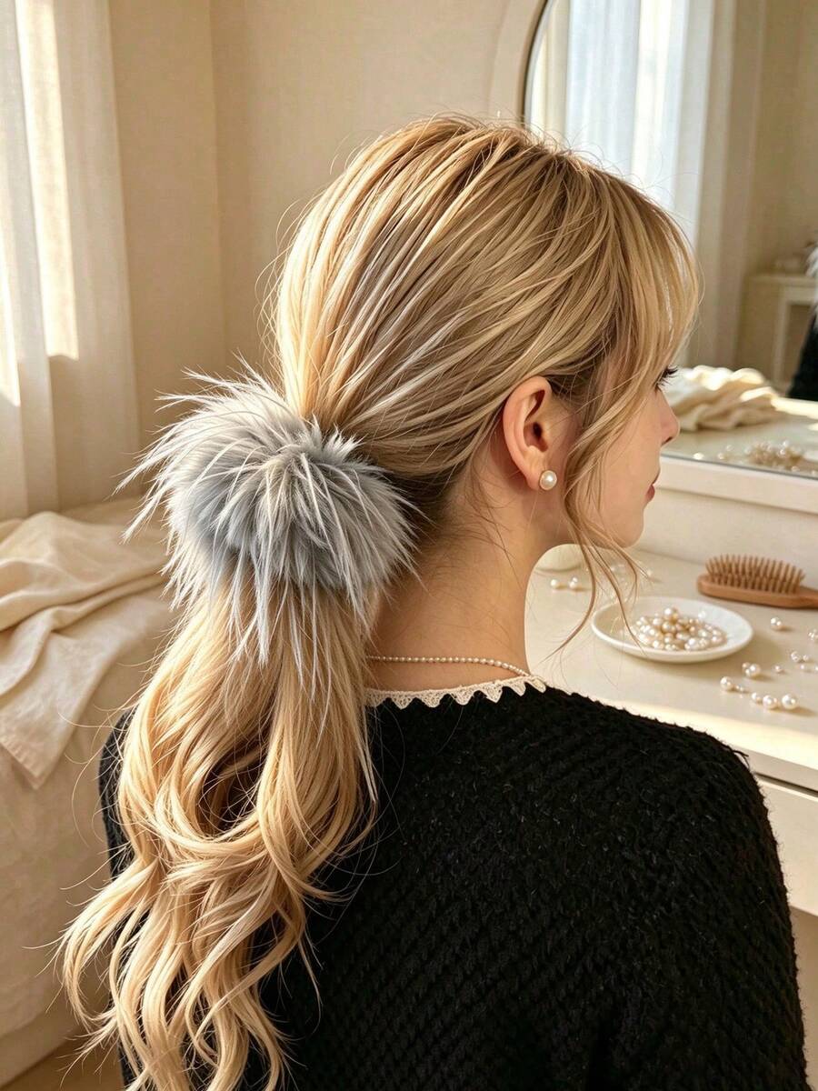 Fluffy Faux Feather Hair Scrunchie, Soft Hair Tie, Suitable For High Ponytail, Elegant Daily Women's Hair Accessory, Multiple Colors Available - Multicolor - View 1