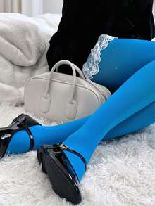 1 Pair Royal Blue Matte Solid Color Velvet Tights, High Elasticity Opaque Colorful Leggings, Dopamine Style Cosplay Legwear - Blue - View 2