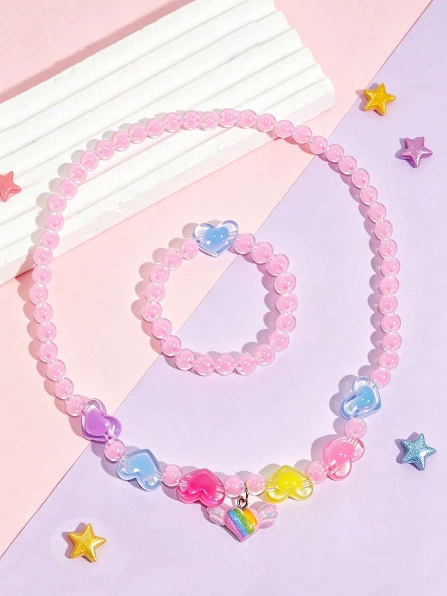 2pcs/Set Cute Resin Heart Pendant Star Beaded Necklace & Bracelet Jewelry Set For Girls, Daily, Holiday, Party Gift - Multicolor - View 1