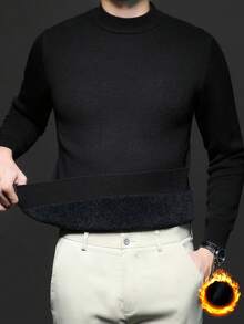 Men's Stand Collar Long Sleeve Solid Color Casual Pullover Sweater, Warm Thick Knit For Autumn/Winter - Black - View 6