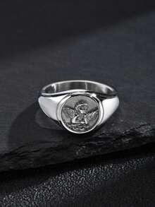 1pc Vintage Stainless Steel Cast Cupid Figure Ring For Men, Jewelry Accessory - Silver - View 1