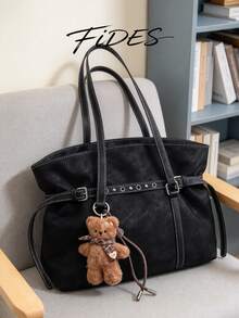1PC Fashion Metal Buckle Decor PU Fabric Shoulder Underarm Large Capacity Tote Bag For Women, Cool Wide Strap With Bear Accessory, Versatile Solid Color, Suitable For Daily, Business Trip, Photography, Date, Travel And More - Black - View 5