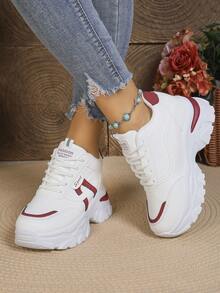 Sepatu Sneakers Chunky dengan Sol Tebal, Sol Tebal, dan Desain Patchwork Warna Kulit PU, Patchwork Garis, Streetwear untuk Kampus Sehari-hari - Red and White - View 4