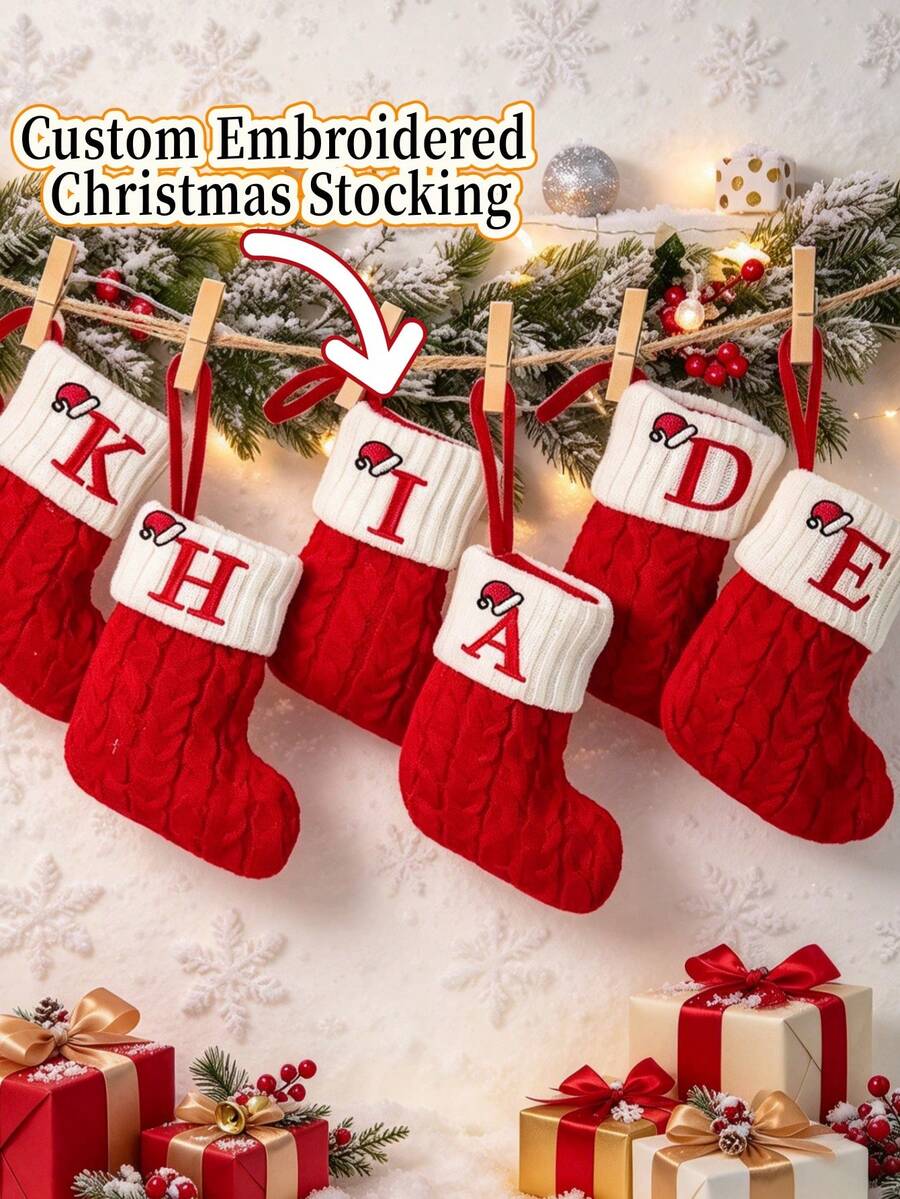 Custom Embroidered Christmas Stocking, Personalized Name Christmas Stocking, Customized Letter Christmas Stocking, Red Cable Knit Sock Body, White Ribbed Cuff, Customizable 26 Embroidered Uppercase Letters; Delicate Christmas Hat Embroidery Above The Letters, Cute Details, Strong Holiday Vibe. Suitable For Hanging On Stairs, Fireplace, Christmas Tree - Multicolor - View 1