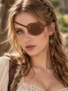 1pc Brown PU Leather Compass Pattern Eye Mask, Suitable For LARP, Renaissance Fair, Masquerade, Halloween And Cosplay - A - View 1