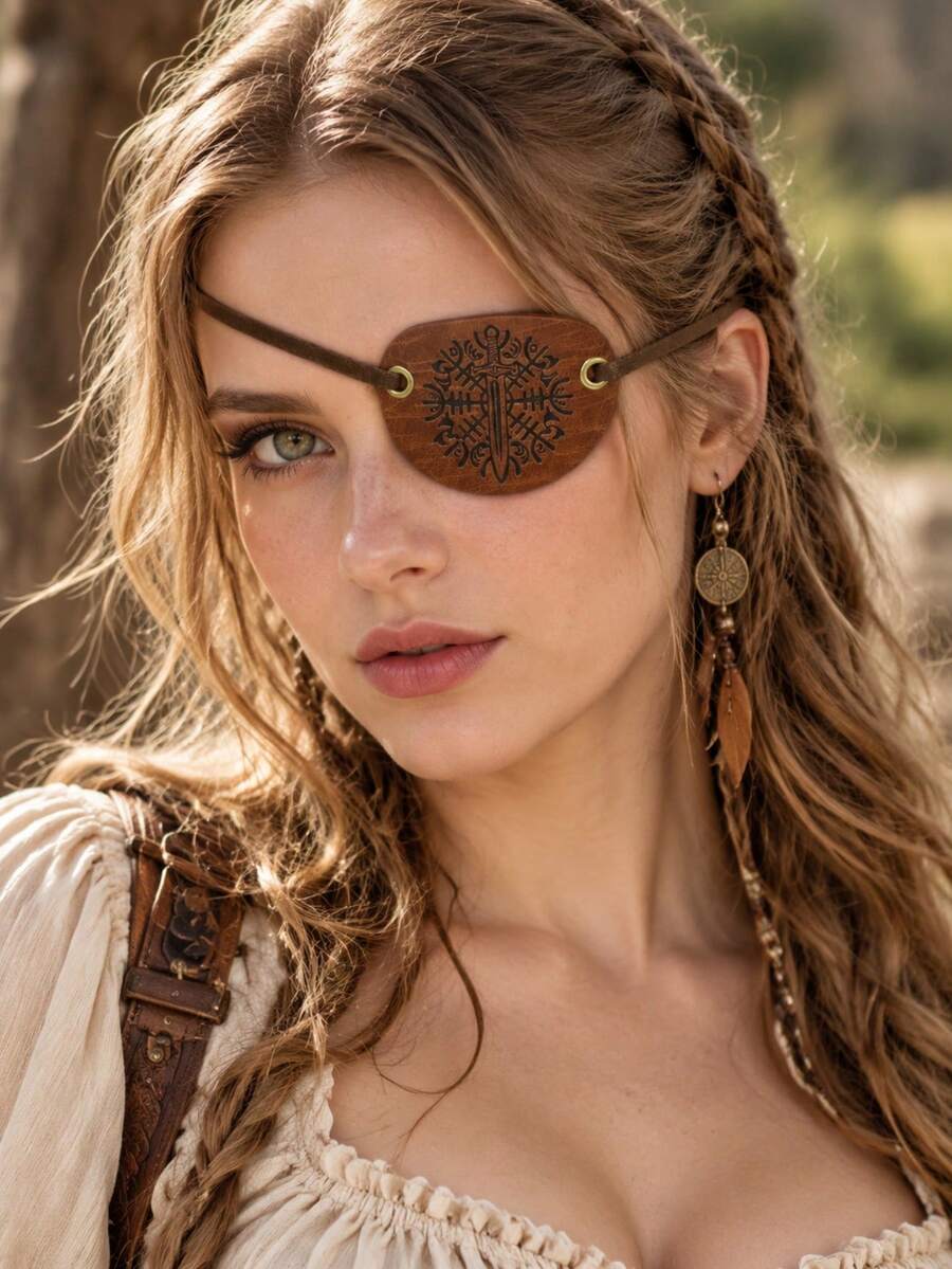 1pc Brown PU Leather Compass Pattern Eye Mask, Suitable For LARP, Renaissance Fair, Masquerade, Halloween And Cosplay - A - View 1