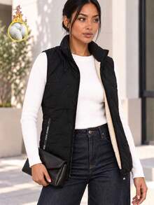 Women's Black Thermal Lined Padded Vest, Stand Collar Sleeveless Zip Jacket With Two Zipper Pockets And Quilted Detail - Black - View 5