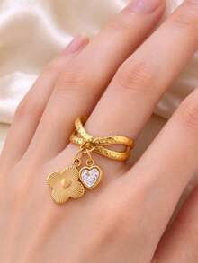 1 buah Liontin Daun Semanggi Empat dari Baja Tahan Karat, Cincin Terbuka, Perhiasan Wanita dengan Hiasan Kristal Bulat dan Hati yang Modis - cincin - View 3