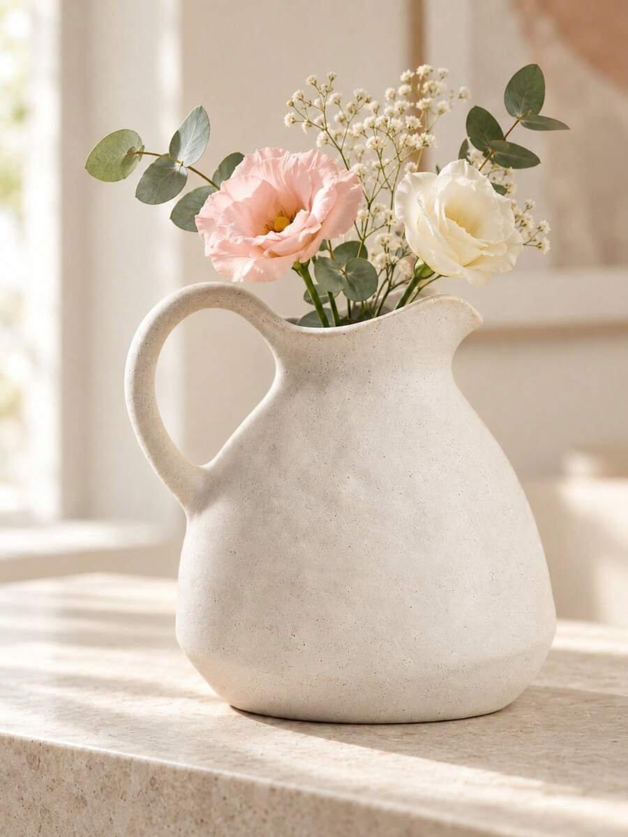 1pc Cream White Ceramic Water Pitcher Vase, Rough Textured Pottery Flower Pot With Handle And Wavy Spout, Rustic Modern Home Decor, Suitable For Living Room, Entryway, Shelf, Mantel, Coffee Table, Dining Table Centerpiece, Housewarming Gift - Short and Stout Water Bottle Vase - View 1