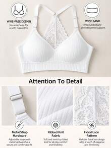 Wavy Lace Trim Racerback Wireless Bra, Ribbed V-Neck Tank Top Style Lingerie, Adjustable Shoulder Straps, Fixed One-Piece Padding, Suitable For Daily Casual Wear - White - View 11