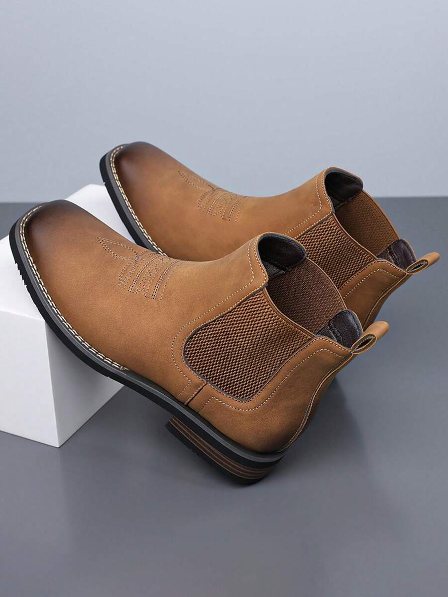 Vintage Style Men's Chelsea Boots, Decorative Stitching Ankle Boots, Daily Commute Ankle Boots - Yellow - View 1