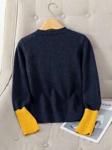 Premium Contrast Color Knit Cardigan Jacket For Women, Spring Autumn Winter, Soft Royal Blue Sweater With Heart-Shaped Ribbed Embroidery Buttons, Suitable For Inner Layer, Outerwear, College Style, Home Wear - Navy and Yellow - View 2