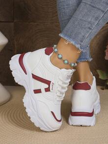 Sepatu Sneakers Chunky dengan Sol Tebal, Sol Tebal, dan Desain Patchwork Warna Kulit PU, Patchwork Garis, Streetwear untuk Kampus Sehari-hari - Red and White - View 3