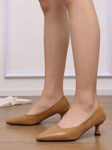 Women's Elegant Pointed Toe Shallow High Heel Pumps, Leather & Suede Patchwork Design, Slip-On Dress Shoes, Suitable For Office, Business Occasions, Daily Wear - Brown - View 6