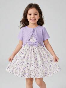 Conjunto de 2 piezas para niñas jóvenes: top corto de punto calado con estampado floral y vestido casual para primavera/verano - Morado - Ver 1