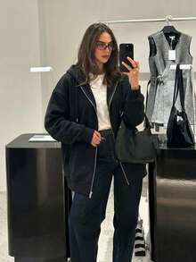Drawstring Hooded Zip Up Jacket, Long Sleeve Regular Fit Coat With Pockets, Casual Fall Outerwear, Black Non-Stretch Layering Coat For Women - Black - View 5