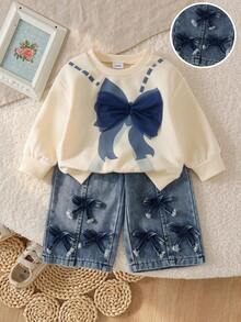 2pcs Baby Girl Casual Mesh Bow Long Sleeve Sweatshirt & 3D Bow Denim Pants Set, Spring/Autumn - Apricot - View 3