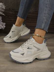 Women Chunky Sneakers, Lace Up, Low Top, Easy Wear, Daily Comfort - White - View 6