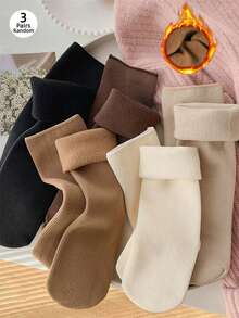 3 Pairs Plush Winter Boot Socks, Coffee, White And Black, Thick Warm Floor Socks, Suitable For Autumn And Winter - Multicolor - View 9