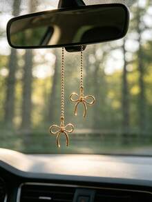 1pc Alloy Bow Pendant Car Rearview Mirror Hanging Decoration, Car Interior Decor Accessory, Premium Car Accessory For Women - A - View 1
