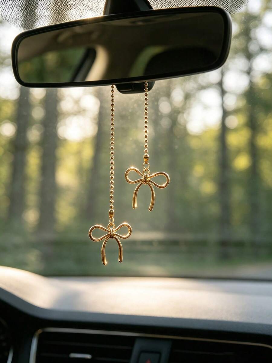 1pc Alloy Bow Pendant Car Rearview Mirror Hanging Decoration, Car Interior Decor Accessory, Premium Car Accessory For Women - A - View 1