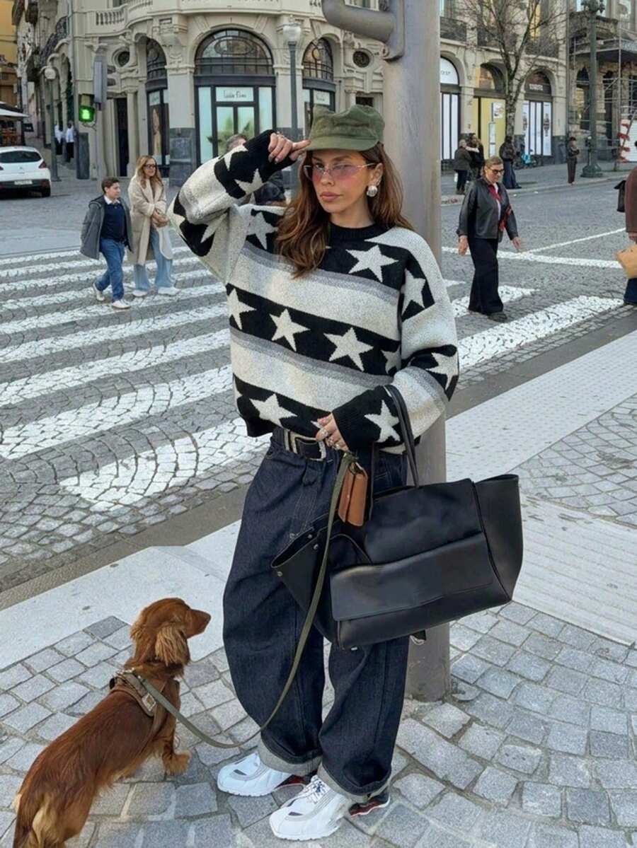 Star Pattern Striped Oversized Sweater, Crew Neck Long Sleeve Rib Knit Pullover, Black And White Casual Winter Outfit With Stretch Comfort - Black and White - View 1
