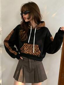 Leopard Print Patchwork Cropped Sweatshirt Sweatshirt Women's Autumn New Loose Drop Shoulder Drawstring Black Sexy Top - Black - View 4