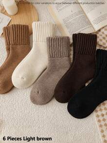 5 Pairs/1 Pair Comfortable Thick Fleece Warm Mid-Calf Socks, Elastic Ribbed Knit Winter Socks With Earth Tone Terry Lining, Suitable For Boots And Indoor/Outdoor Wear, Random Color, 2/6/10/20 Pairs - Set a - View 14