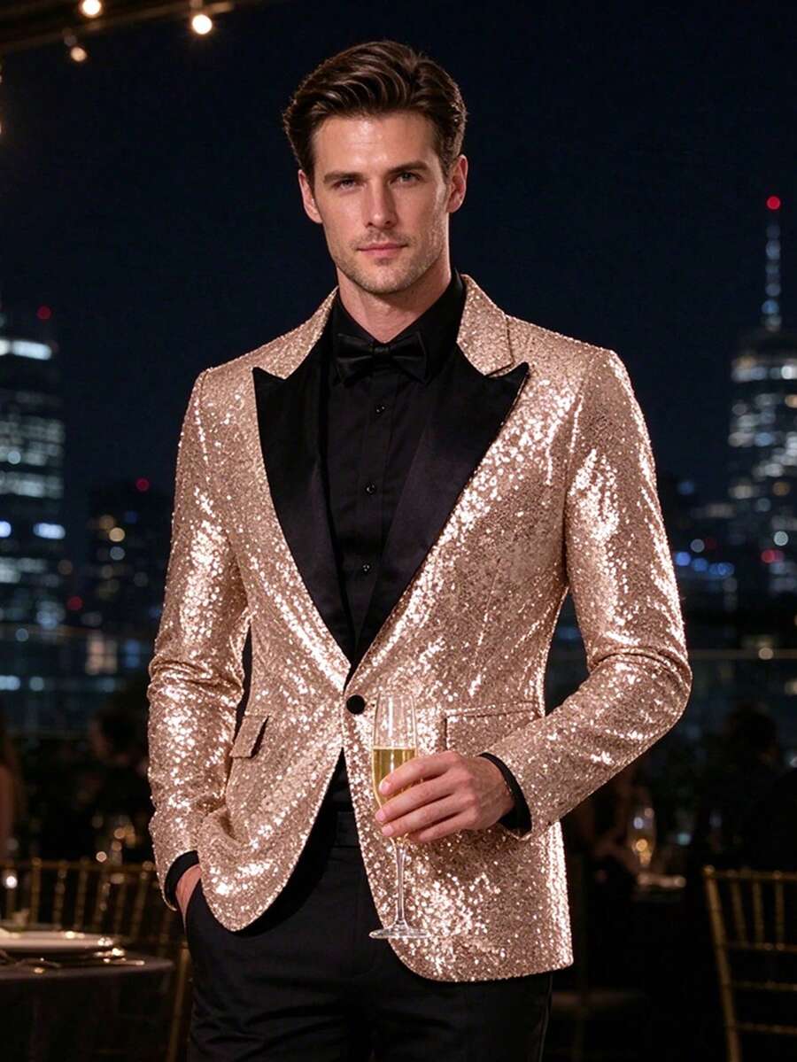 Men's Lapel Sequin Blazer, Party Night Formal Evening Wear - Champagne - View 1