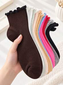 1/5/10 Pairs Women's Random Solid Color & Multicolor Ruffle Edge Short Socks, Soft Comfortable Breathable All-Season Versatile Casual Sports Fresh Suitable For Daily Use - Multicolor - View 1