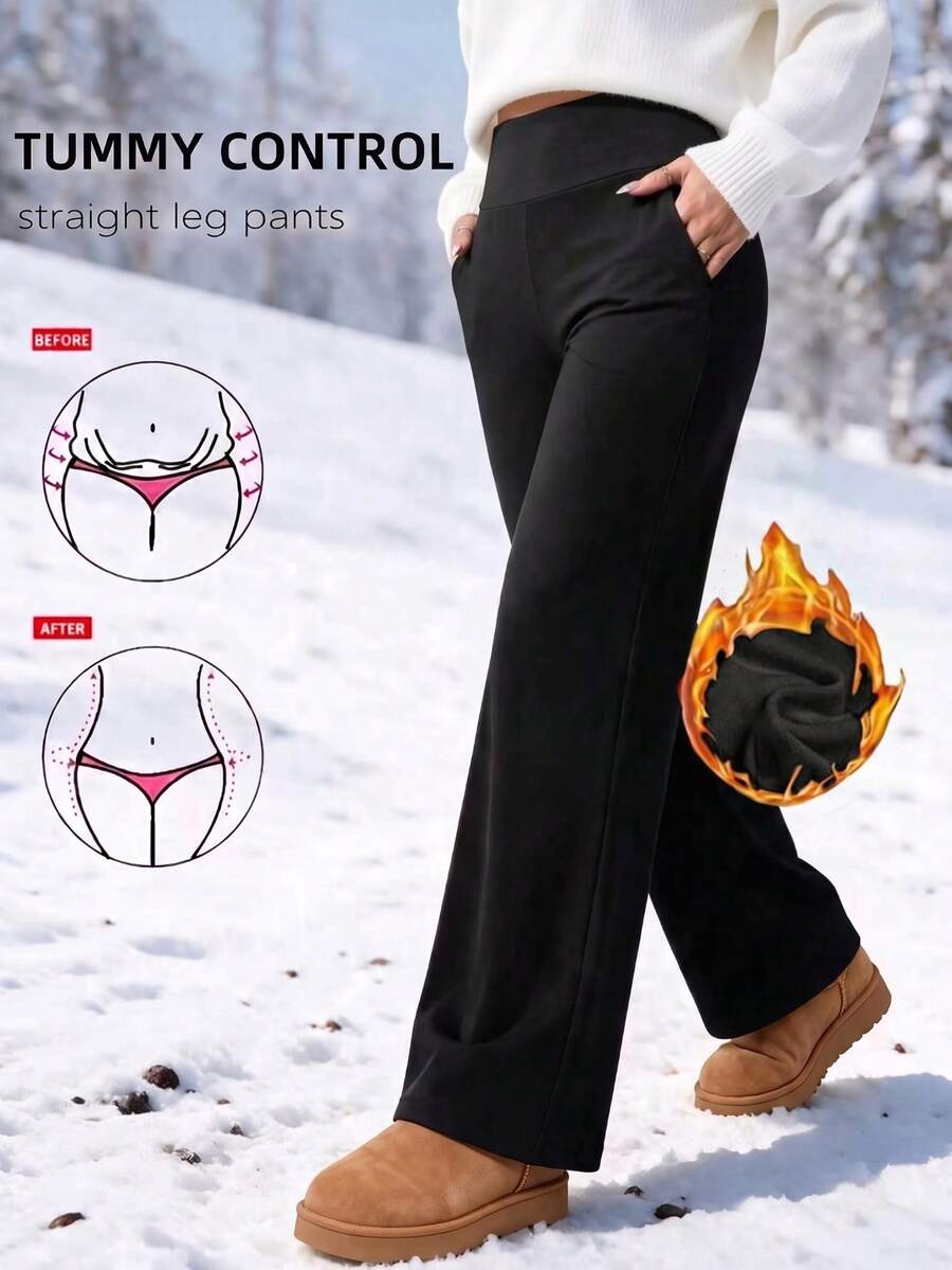 Women's Solid-Color Loose-Fit Wide-Leg Sweatpants – Fleece-Lined, Thickened, And Warm For Winter - Black - View 1