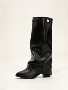 Women's Buckle Decor Knee High Boots, Low Heel Ruched Cowboy Style Riding Boots - Black - View 4