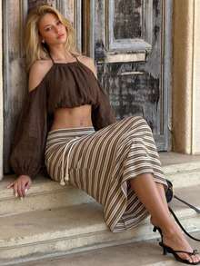 Striped Colorblock Daily Vacation Drawstring Hem Long A-Line Slim Fit Skirt - Brown - View 3