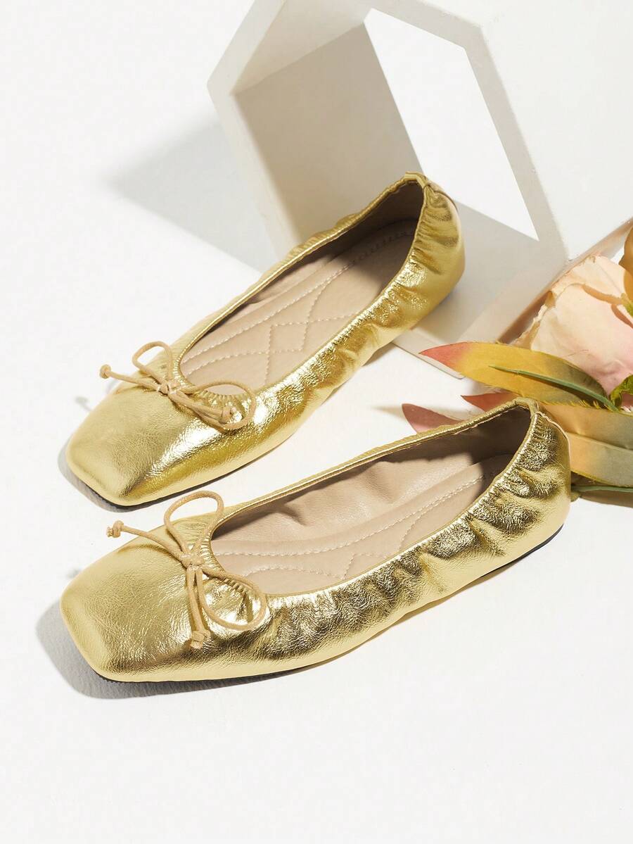 Women's Ruched Gold Bow Square Toe Flat Ballet Shoes, Soft Sole Slip-On Loafers, Comfortable Fashionable All-Season New Style - Gold - View 1